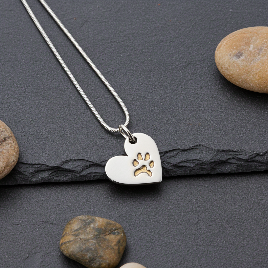 Silver necklace with a heart pendant featuring a paw print