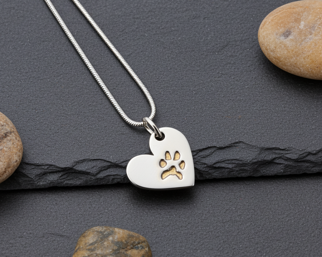 Silver necklace with a heart pendant featuring a paw print