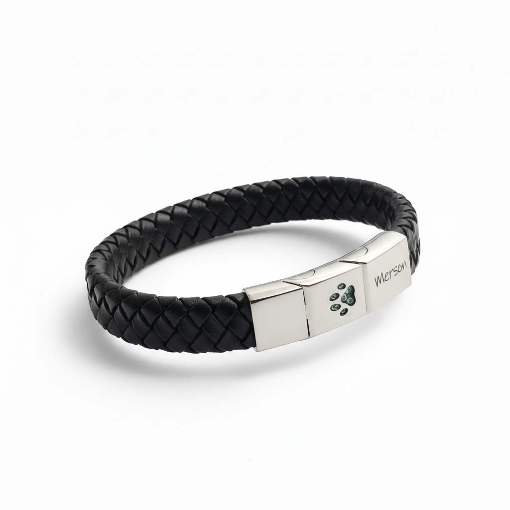 Memorial ashes captured in a pawprint on a braided black leather bracelet
