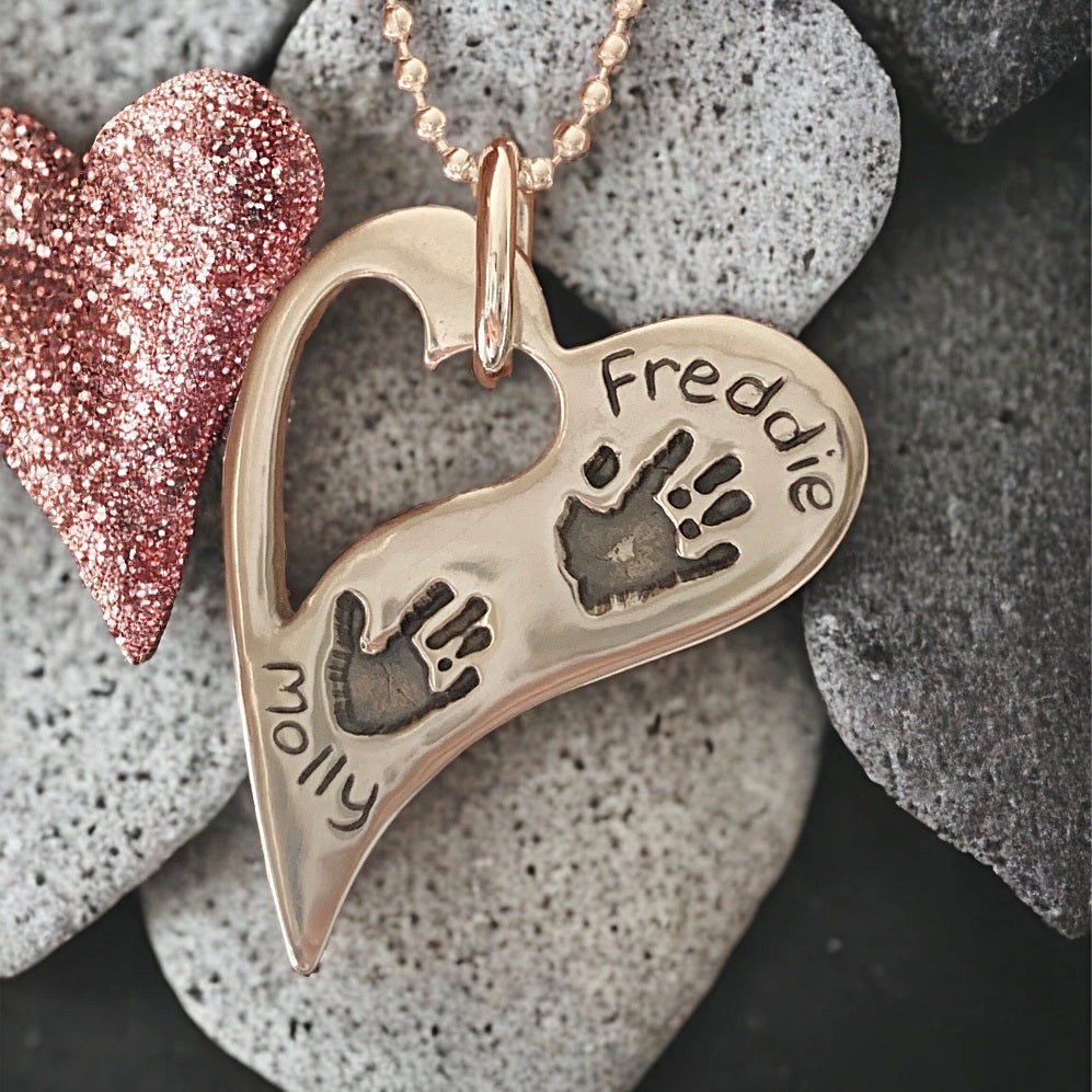 handprint necklace, baby handprint, child handprint, hand print necklace, personalised necklace, silver handprint jewellery, from the heart jewellery