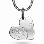 silver heart personalised with handprint and name engraved