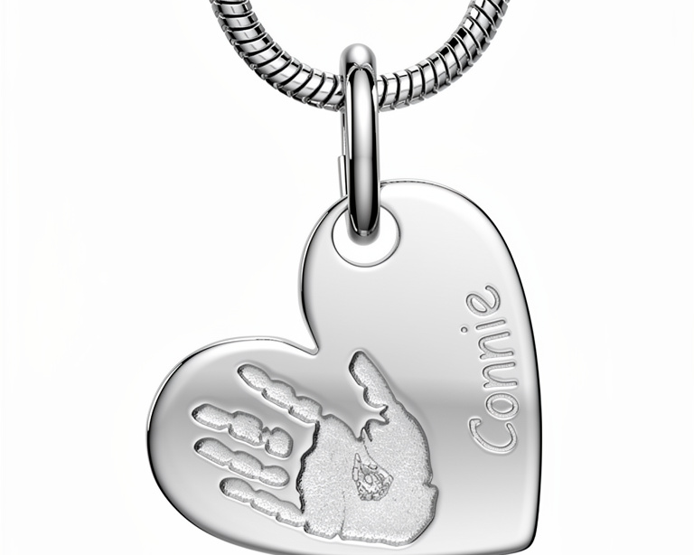 silver heart personalised with handprint and name engraved