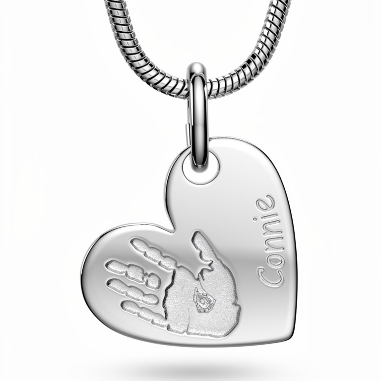 silver heart personalised with handprint and name engraved