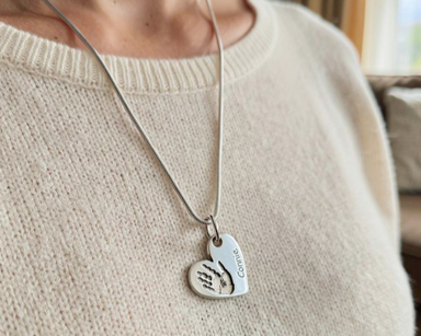 silver heart personalised with handprint and name engraved