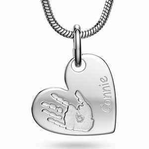 silver heart personalised with handprint and name engraved