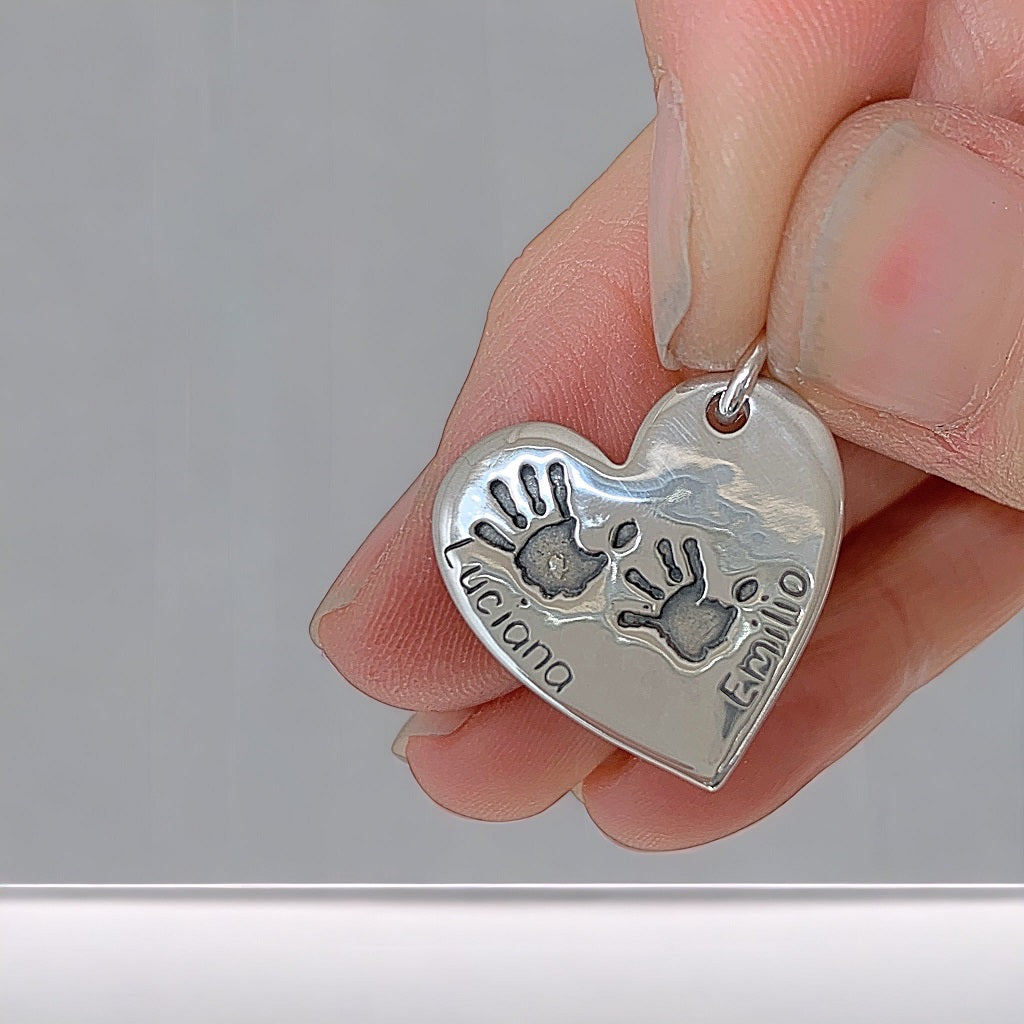 Double Handprint Heart Silver Necklace Pendant