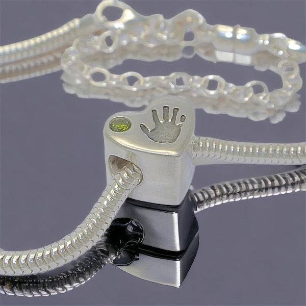 Handprint Heart Bracelet Bead with One Gemstone - Little Fingers 'n' Toes