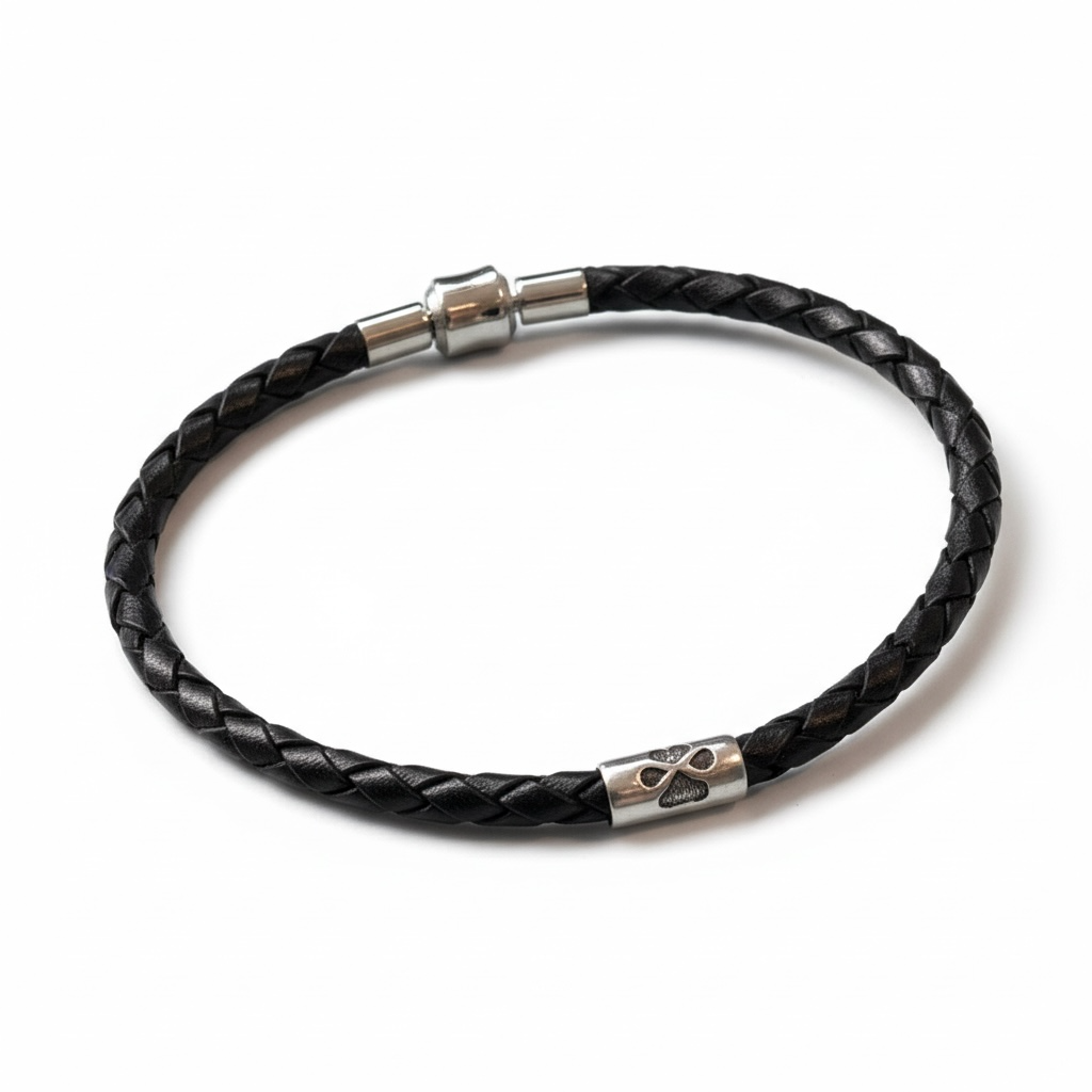 Black braided leather bracelet with silver clasp on a white background