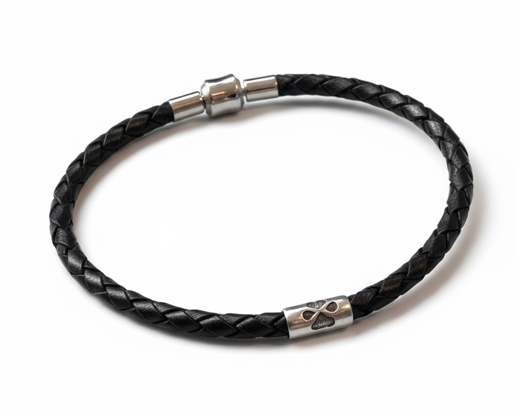 Black braided leather bracelet with silver clasp on a white background
