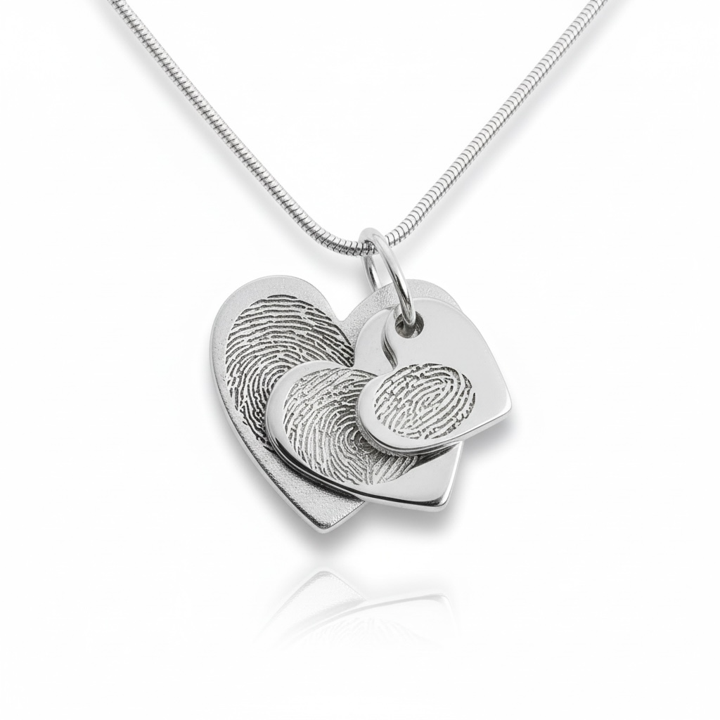Silver fingerprint heart pendant necklace on a white background