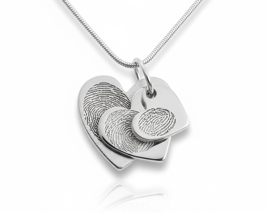 Silver fingerprint heart pendant necklace on a white background