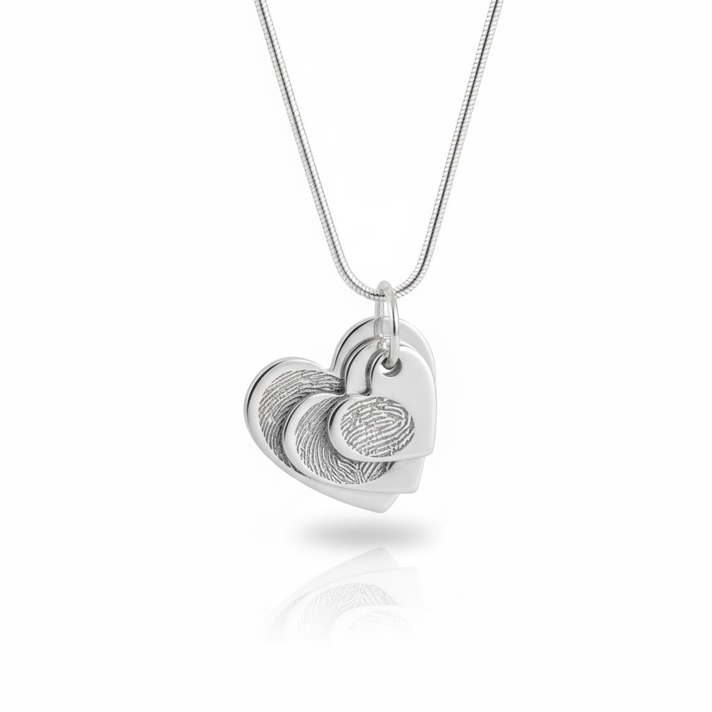 Silver heart-shaped fingerprint necklace on a white background