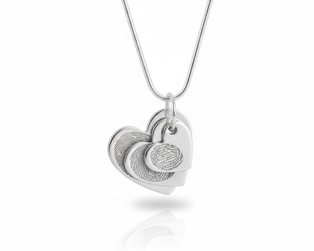 Silver heart-shaped fingerprint necklace on a white background