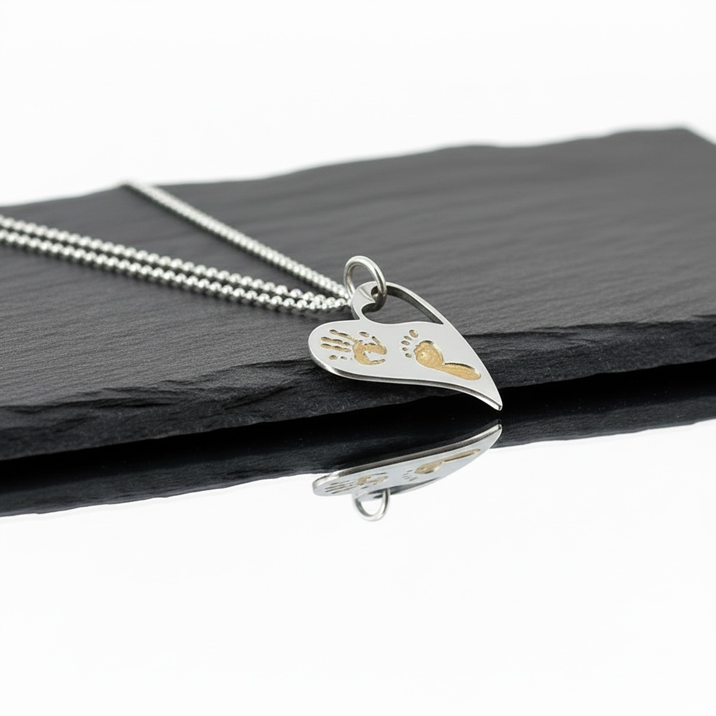 Wavy Heart Necklace with Handprints – Gold & Silver Personalised Jewellery - Little Fingers 'n' Toes