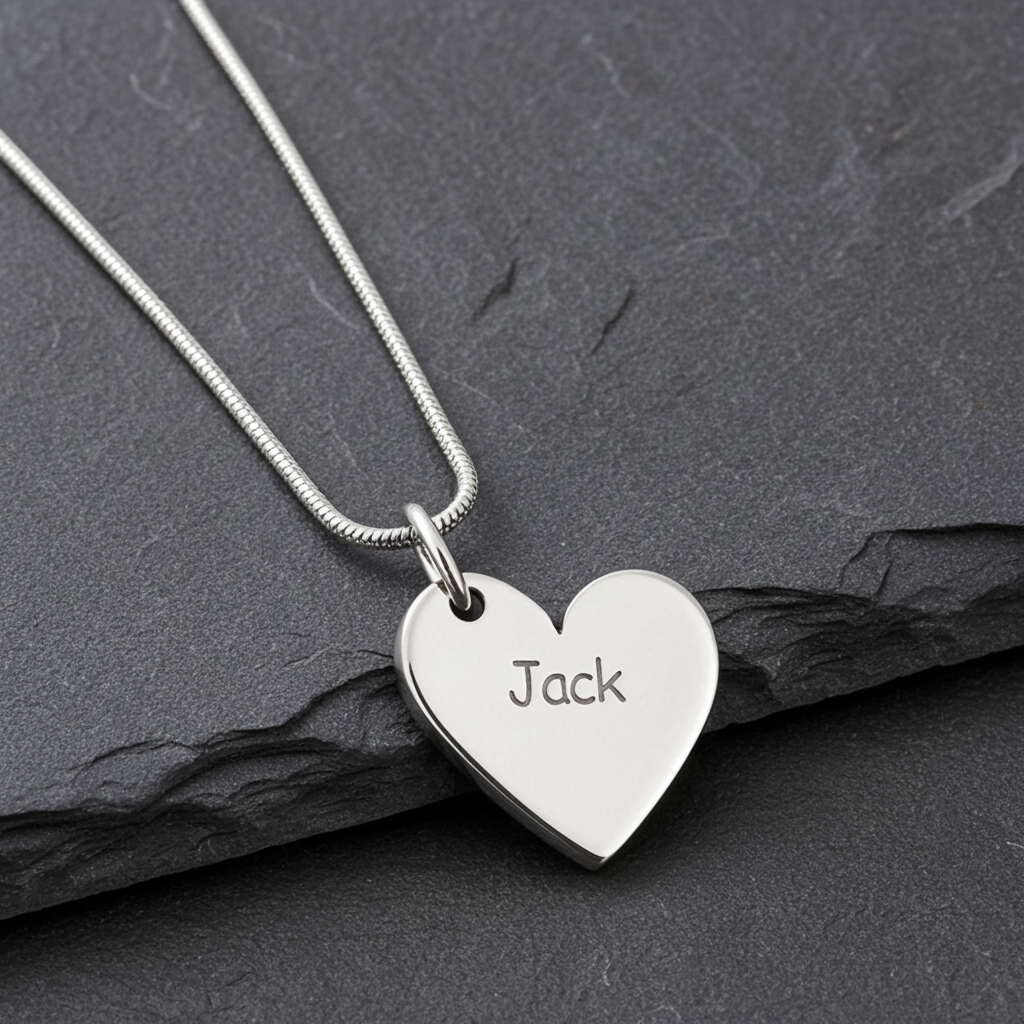 Silver heart-shaped pendant necklace with engraving