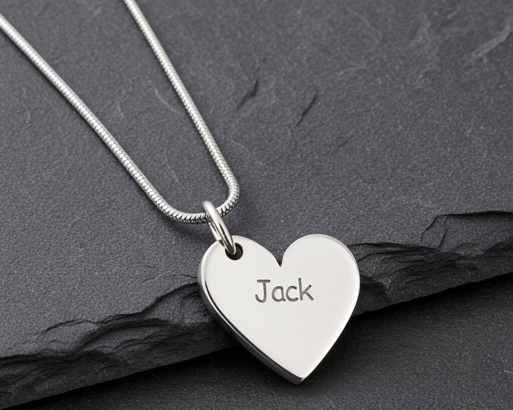 Silver heart-shaped pendant necklace with engraving