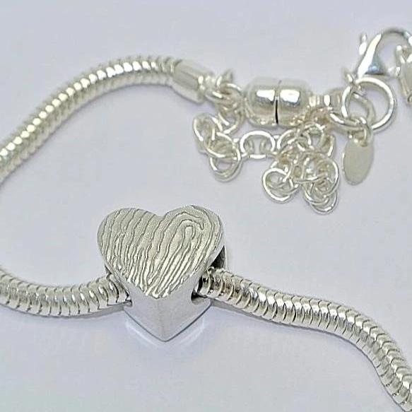 Magnified Pandora Style Heart Charm Bead. Sterling Silver Fingerprint Jewellery