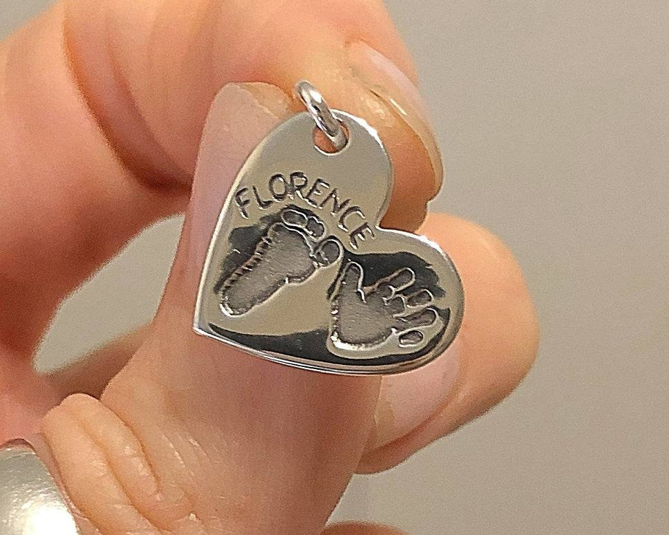 Commission - Handprint and footprint hearts on a silver keyring, two prints with one name - Little Fingers 'n' Toes