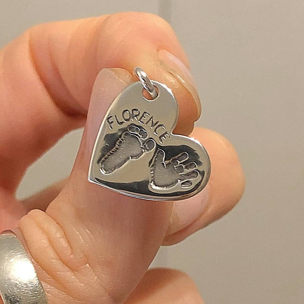 Commission - Handprint and footprint hearts on a silver keyring, two prints with one name - Little Fingers 'n' Toes