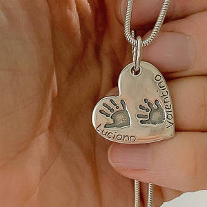 Double Handprint Heart Silver Necklace Pendant