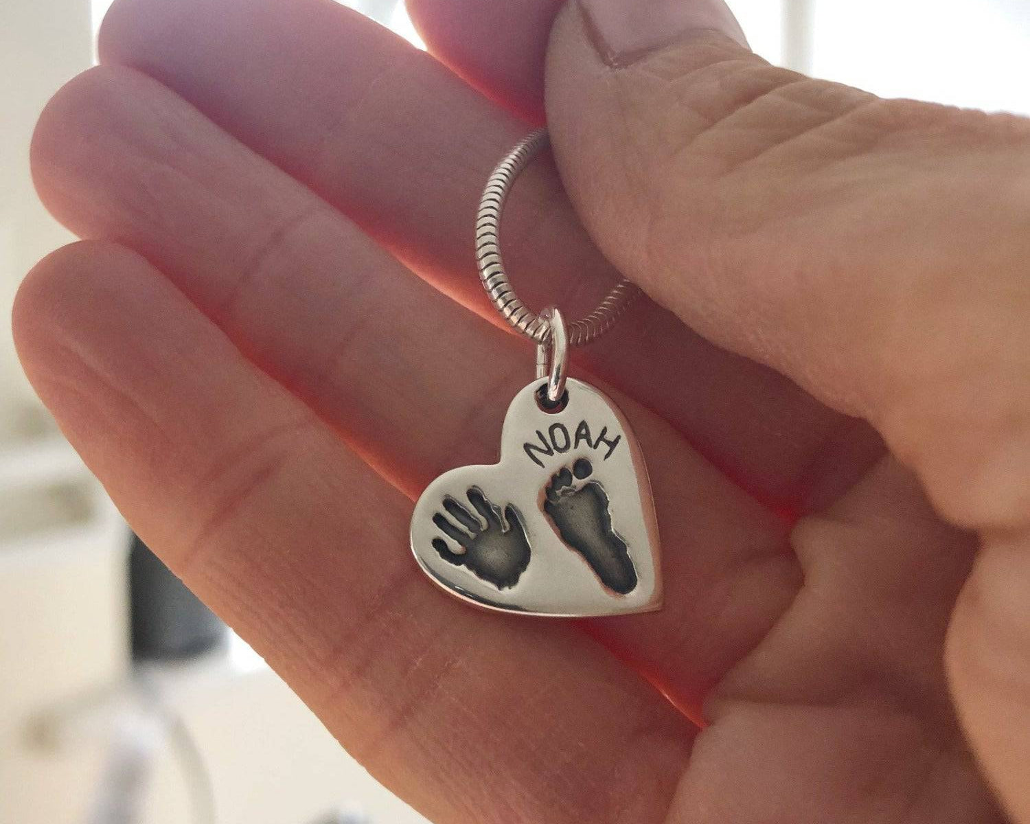 Commission - Handprint and footprint hearts on a silver keyring, two prints with one name - Little Fingers 'n' Toes
