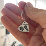 Commission - Handprint and footprint hearts on a silver keyring, two prints with one name - Little Fingers 'n' Toes