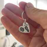 Commission - Handprint and footprint hearts on a silver keyring, two prints with one name - Little Fingers 'n' Toes