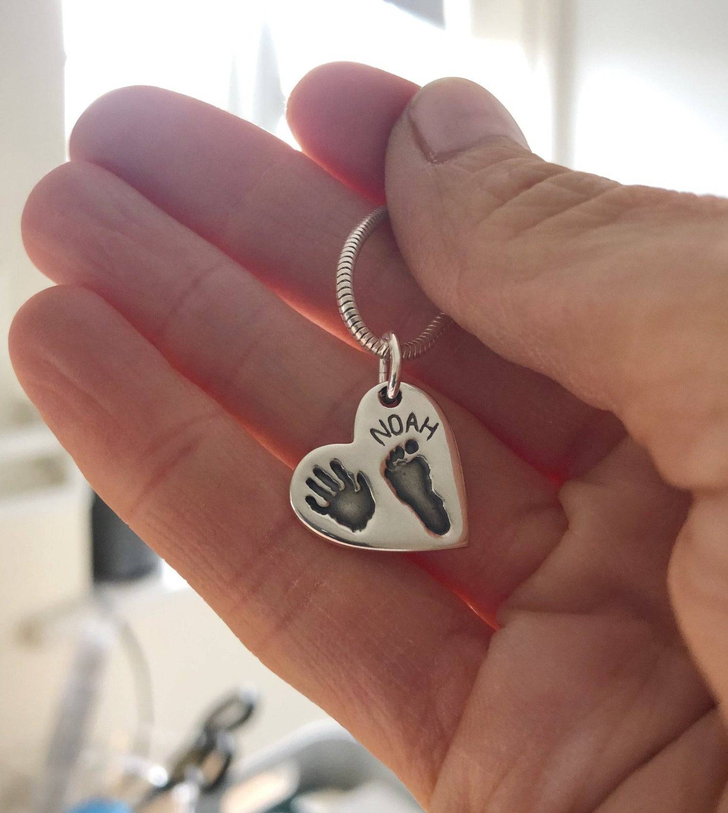 Commission - Handprint and footprint hearts on a silver keyring, two prints with one name - Little Fingers 'n' Toes
